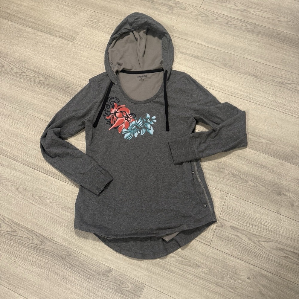 Crazy Shirts Hawaiian Womens XLarge Gray Floral Graphic Hooded Long Sleeve Top
